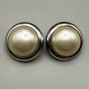 Trifari Vintage Faux Pearl Clip Earrings Silver Tone Like New